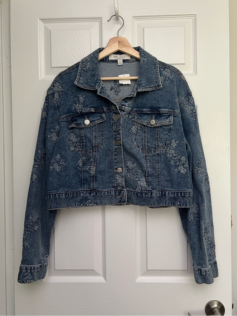 Cato Collection Limited Edition Cropped Floral Embroidered Denim Jacket